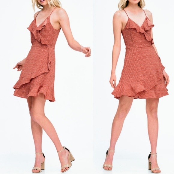 Rust Retro Ruffles Faux Wrap Racer Back Cute Dress - Picture 3 of 8